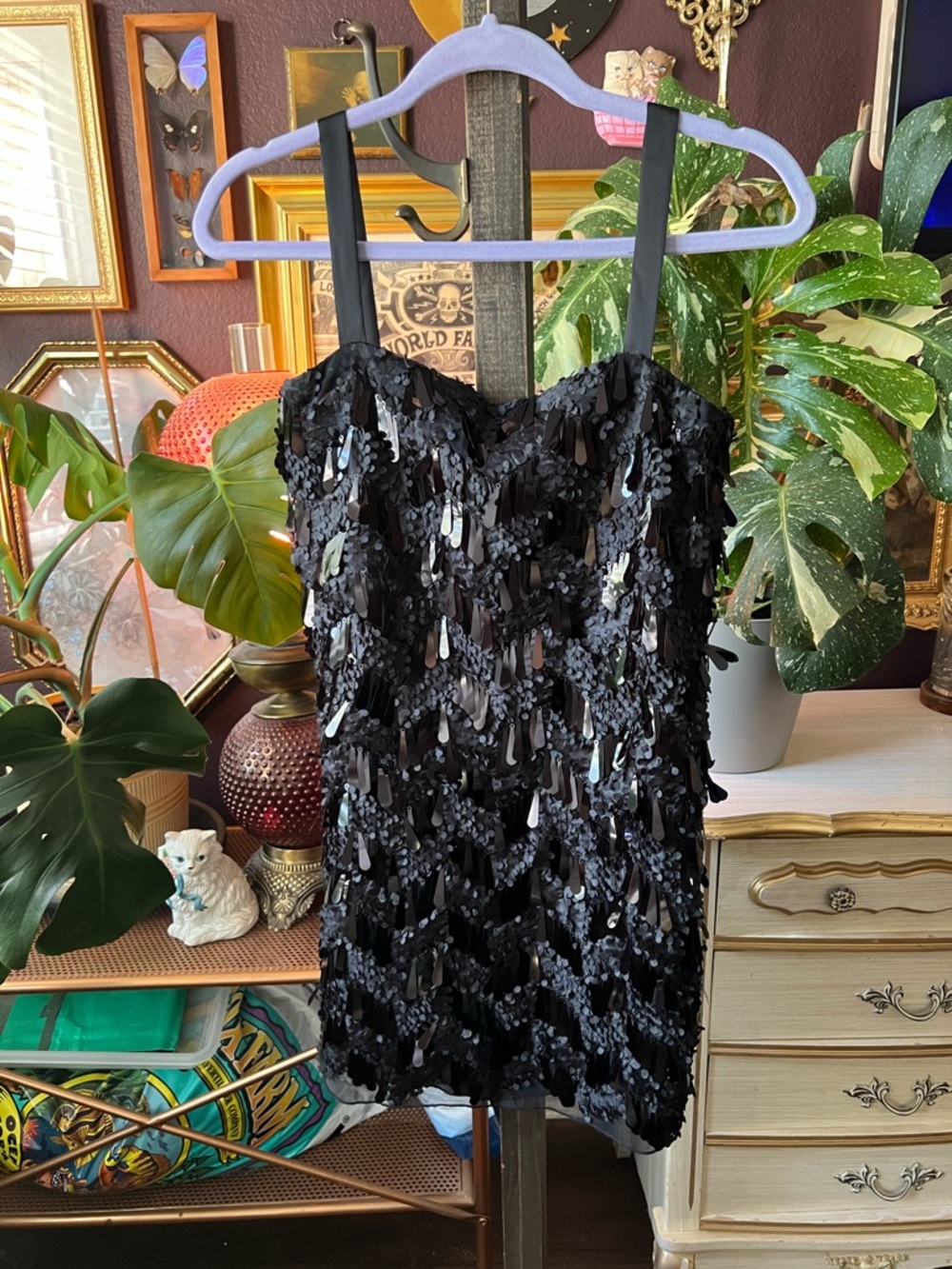Zara Black Sequin Fringe Mini Dress with Satin Straps Size XS